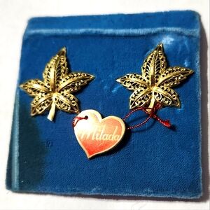 Vtg Milada Sterling Germany Filigree Leaf Clip Earrings on Orig Card with Tag B